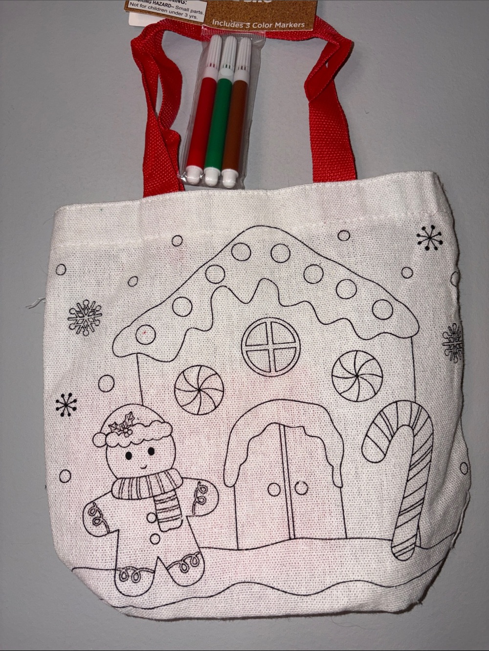 New Holiday Gingerbread Coloring Tote Bag with Red Handles
